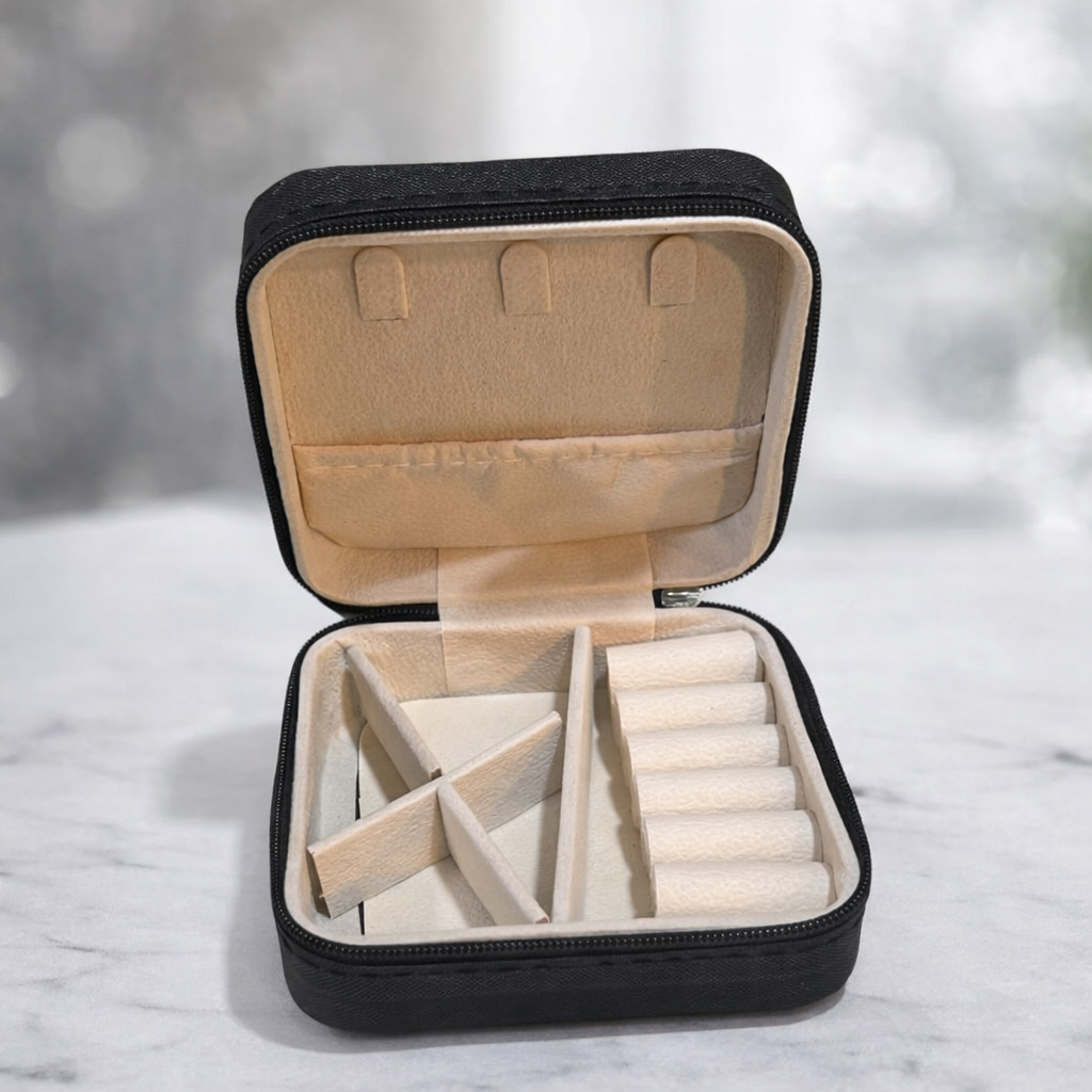 Portable Mini Travel Jewelry Box - Compact PU Leather Case with Zipper & Multi-Compartment Storage Organizer - Random Color