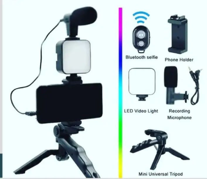 AY-49 Vlogging Kit | Portable Video Recording Setup with LED Light, Shotgun Mic & Flexible Tripod