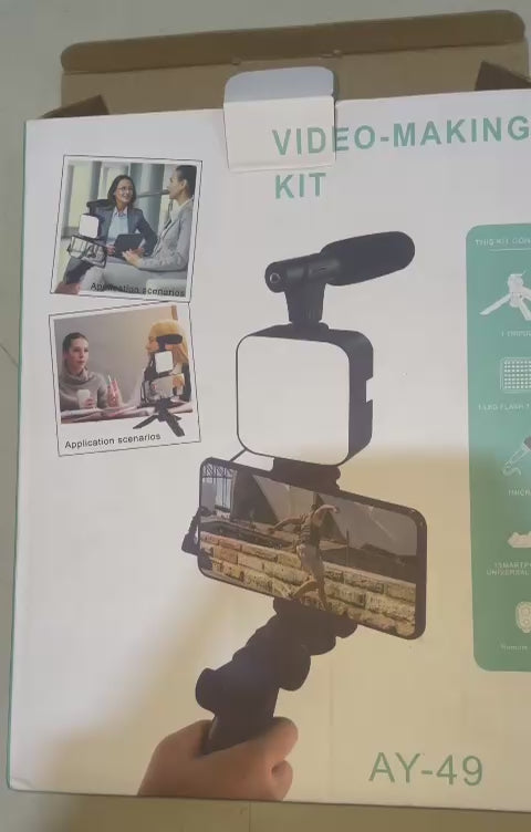 AY-49 Vlogging Kit | Portable Video Recording Setup with LED Light, Shotgun Mic & Flexible Tripod